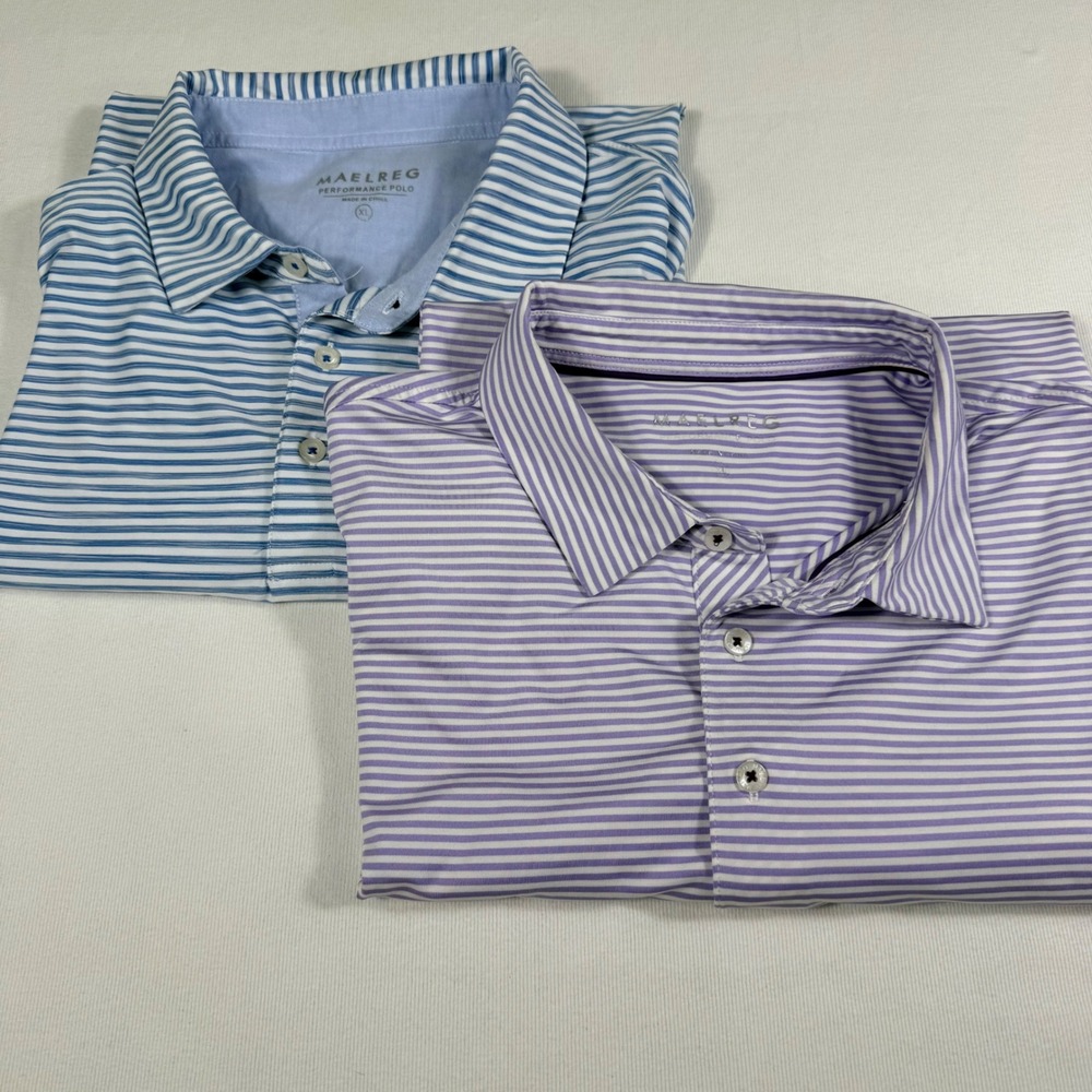 Maelreg Performance Polo Shirt Set XL Blue Purple Striped Short Sleeve Stretch